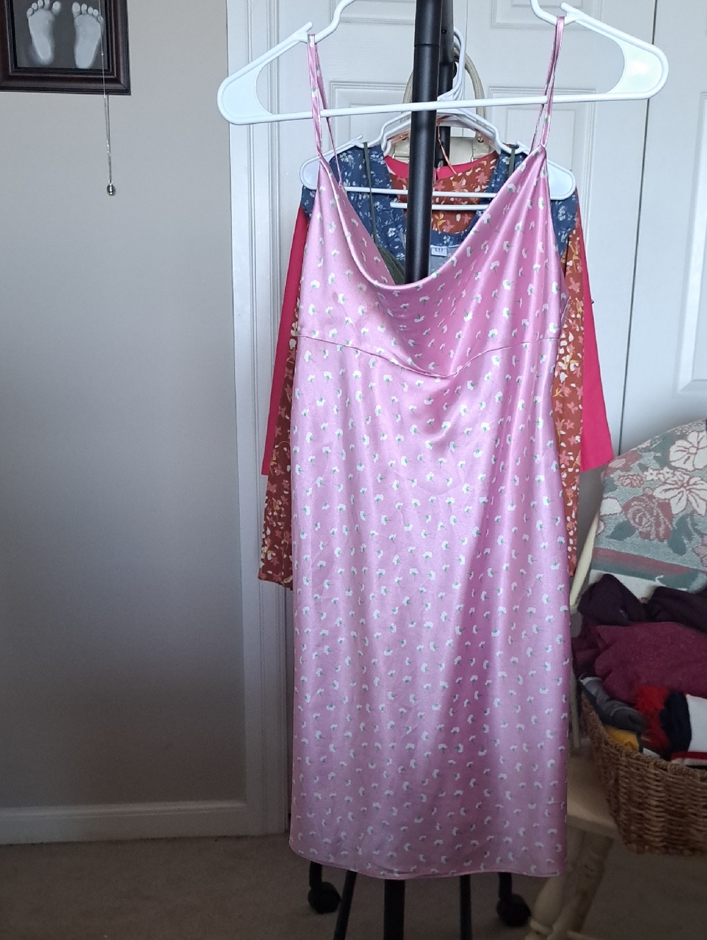 Zara Pink Satin Slip Dress with Tiny Green Floral Print